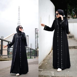 Black Open Abaya with Elegant White Embroidery