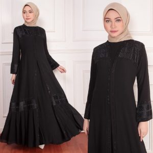 Black Pleated Abaya Geometric Accents