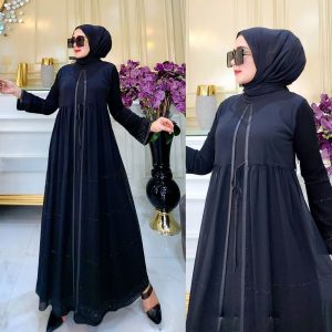 Black and White Gathered Waist Abayas