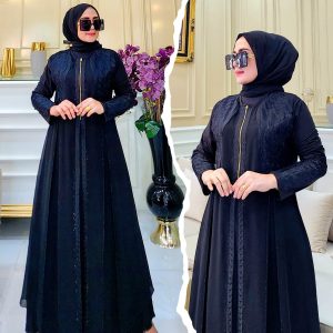 Black Abaya with Textured Fabric and Front Zipper