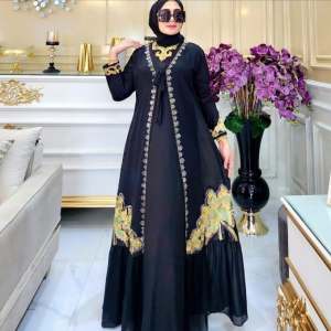 Luxury Black Abaya with Elegant Gold Embroidery