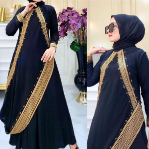 Black Abaya with Gold Diagonal Embroidery