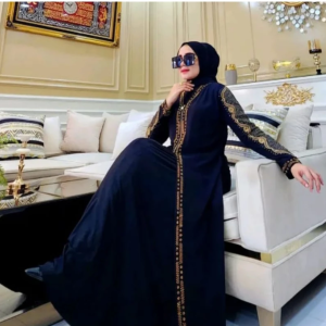 Elegant Black Embroidered Abaya Dress with Gold Accents