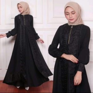 Elegant Black Abaya with Zipper Front & Embroidered Details