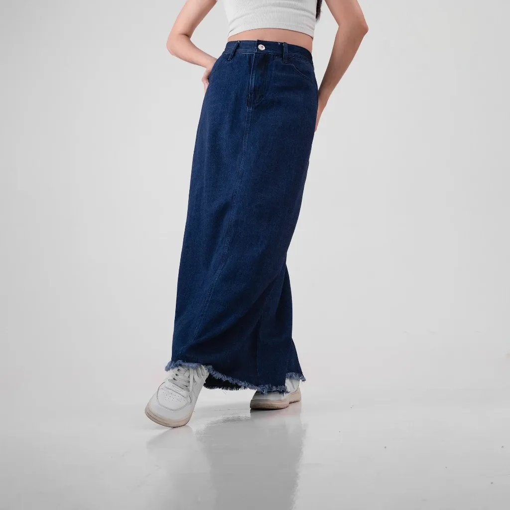 Retro Fringed Long Denim Skirt main image 1